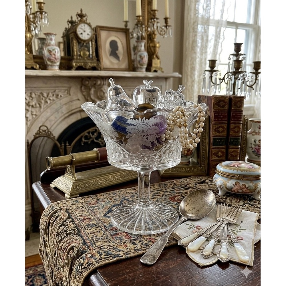 1930s Antique EAPG Etched Rose Pedestal Compote Scalloped Clear Glass Candy Dish